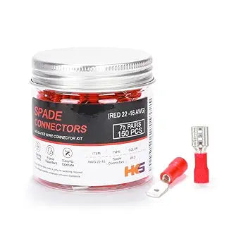 HKS 150PCS/75Pairs Red Male & Female Vinyl Insulated Spade Connectors, 22-16 AWG (0.3-1.5 mm) Quick Disconnect Terminals, 4.8 mm (3/16") PVC-Sleeved Tinned Brass Wire Connectors Kit