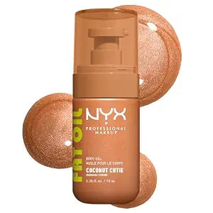 NYX PROFESSIONAL MAKEUP Fat Oil Body Oil in Coconut Cutie, Coconut Scented Body Glow Moisturizer With Vitamin E for 24HR Hydration and Glowing Skin, Golden Finish, Vegan & Cruelty-Free