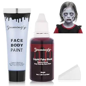 Halloween Zombie Makeup Kit,1.01oz Zombie Grey Blue Face Body Paint and 30ml Washable Dripping Vampires Fake Blood with sponge,Light Gray Face Painting SFX Cream Makeup with Stage Blood
