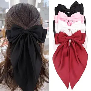MRJ 4 Pcs Silky Satin Hair Bows Big Hair Ribbons for Women Large Hair Clips for Girls Hair Accessories Barrettes Metal Clips Bowknot Aesthetic