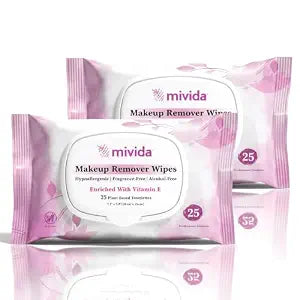 mivida Hypoallergenic Makeup Remover Wipes With Vitamin E, Dermatologist Tested, Alcohol Free & Fragrance Free Makeup Wipes For Sensitive Skin Make Up Remover, Travel Friendly 2 × 25 Count