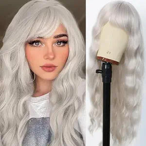 Silver Gray Wig with Bangs Grey Wigs for Women Long Curly Wig with Air Bangs Loose Wave Wig Heat Resistant Synthetic Platinum White Wig for Daily Party 24 Inch