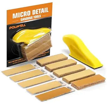POLIWELL Micro Sander Kit 3.5 x 1 Mini Sander for Small Projects, Detail Handle Sanding Tools + Sandpaper 80 120 180 240 400 Grit for DIY Crafts Wood Finishing Tight Narrow Spaces Polishing, 50 PCS