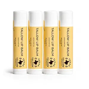 Tallow Lip Balm Unscented-4 Pack | Natural Beef Tallow, Shea Butter, Coconut Oil, Beeswax, Vitamin E | .15oz Each