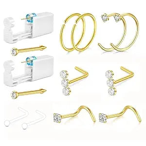 QWALIT 2pack Nose Ring Piercing Kit - Gold Nose Piercing Gun Kit