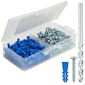 Qualihome Drywall Anchors and Screws Kit with Drill Bit  100 Anchors & 100 Screws for Drywall, Plastic Wall Anchors for Picture Frames, Shelves, Mirrors, Ribbed Design (10-12 x 1)