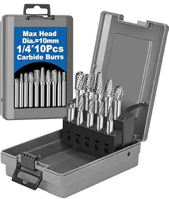Sworker 10Pcs Carbide Burr Set 1/4 Shank w/Grey Box Max Head Dia 10mm Die Grinder Bits Rotary Tools Attachment Kit Rasp Accessories Metal Wood Stone Steel Grinding Deburring Cutting Porting Carving