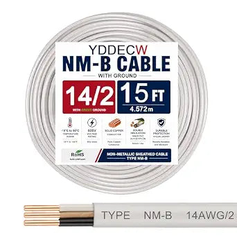 14/2 NM-B Wire with Ground - 15FT 14 Gauge Non-Metallic Sheathed Cable Pure Copper 14 AWG 2 Conductor Residential Indoor Wire for Outlets, Switches and Other Loads etc.