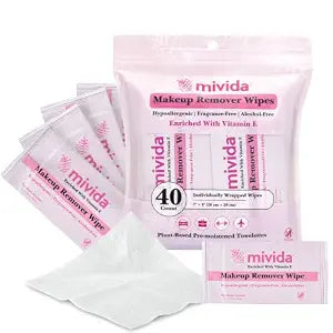 mivida 40 Count Hypoallergenic Makeup Wipes Individually Wrapped with Vitamin E | Dermatologist Tested, Balance Cleanse Face for Sensitive Skin, Dissolve, Lift & Protect for Fresh Skin Everytime