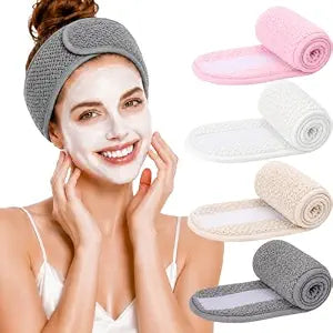 4PCS Spa Headband for Women Adjustable Terry Cloth Skincare Headband Stretch Towel Head Wrap for Bath, Makeup Facial Mask（White+Grey+Khaki+Pink）