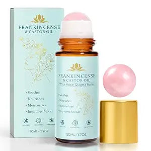 Peehss Castor Oil and Frankincense Roll On – Rose Quartz Roller Ball, Organic Cold Pressed Castor Oil for Eyebrows, Face & Neck, Firms Skin Feel Soft Smooth & Brightens Eyes, 1.7 fl oz