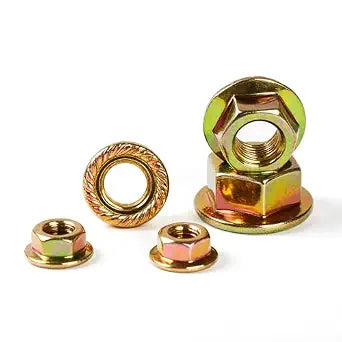 M10-1.5mm Anti-Loosening Serrated Hex Flange Lock Nuts (Yellow Zinc Plated, Full Thread) - 20 Pcs