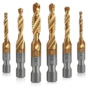 Junreox 6 Pack Combination Drill and Tap Set, 1/4 Hex Shank, HSS Titanium