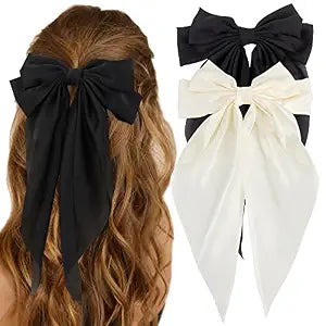 Atoden Hair Bows Black White Large Silky Satin Hair Bow for Women Girl 2Pcs Oversized Long Tail Big Hair Ribbons Barrettes Clips Bowknot Aesthetic Accessories Trendy Stuff