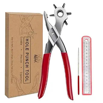 Adorox Heavy Duty Belt Hole Puncher for Leather  6 Size Revolving Leather Hole Punch Tool with Ruler & Deburring File, Perfect for Belts, Straps, DIY Leathercraft, and Repair