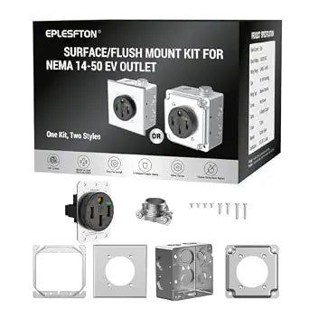 Nema 14-50 EV Outlet with Surface Mount/Flush Mount Box Kit, 50 amp EV Charging Straight Blade Device Receptacle, 3-Pole 4-Wire Grounding, 50A 125/250V,ETL Listed,Black,All-in-One Package