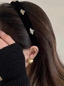 TERSE Black Velvet Headband with White Pearl Accents - Cute Vintage Designer Hair Accessory for Women's Holiday Fashion
