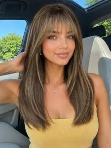 Eawwii Wig with Bangs for Women,Brown Blonde Synthetic 4x4 Scalp Wigs