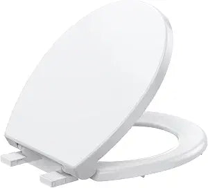 17" Round Toilet Seat with Quiet-Close Lid, Soft Close Slow Close Cover, Quick-Release for Easy Cleaning, Full Flat White, Quick-Attach Hardware & Grip-Tight Bumpers