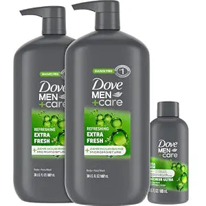 Dove Men+Care Body + Face Wash 2-Pack + Travel-Size Body Wash – Extra Fresh with 24HR Nourishing MicroMoisture, Mandarin & Sandalwood Scent