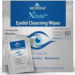 NOVEHA 60Pcs Stye Relief Eyelid & Lash Wipes with Tea Tree Oil, Hyaluronic Acid, Aloe Vera, Chamomile & Green Tea; Gently Soothes, Hydrates & Refreshes for Dry, Itch & Blepharitis; Hypoallergenic