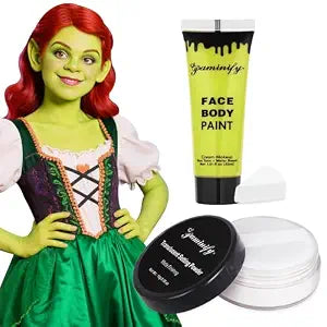 Ogre Green Face Paint with Setting Powder and sponge,1.01 Oz Water Based Light Green Body Paint,Halloween Face Painting Kit Cosplay Frankenstein Witch Elphaba Costume for Adults & Kids