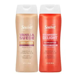 Suave Exfoliating Body Wash & Scrub Strawberry Delight & Vanilla Suede Variety Pack 2-Pack with Glycerin & Vitamin E, Sulfate-Free Hydrating Cleanser for Soft, Smooth Skin, 18 FL OZ EA