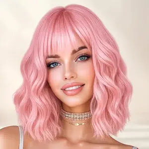 Pink Wig for Women Short Pastel Wavy Wigs Curly Bob Wigs with Bangs