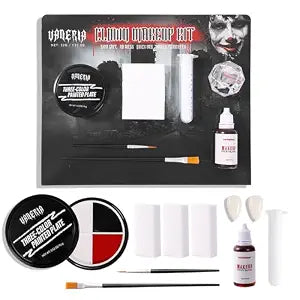 VANERIA Clown Makeup Halloween, Black White Red Cream Face Body Paint for Halloween, SFX Makeup Set with Vampire Teeth & Fake Blood, Clown Art Theater With Brushes
