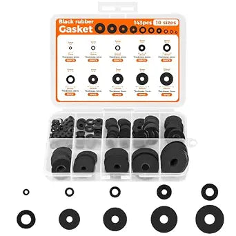 QKP 143Pcs Flat Rubber Washers Assortment Kit, 10 Sizes 7/10/12/16/18/20/22/25/28/30mm Rubber Gasket, Suitable for Screws, Hoses, Tap Fittings, Pipes, Shower Hoses, Garden Bolts