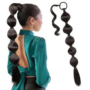 LONAI Bubble Ponytail Extension for Women,28 Inch Long Braided Wrap Around Synthetic Hair with Leather Cord, Straight Afro Puff, Braided Ponytail Extension Dark Chocolate Brown