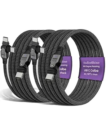 USB C to USB C Cable 10FT, 180 Rotation PD 240W Black 2 Pack
