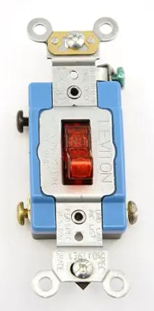 Leviton 15 Amp, 120 Volt, Toggle Pilot Light, Illuminated ON, Req. Neutral Single-Pole AC Quiet Switch, Industrial Grade, Self Grounding, 1201-PLR, Red