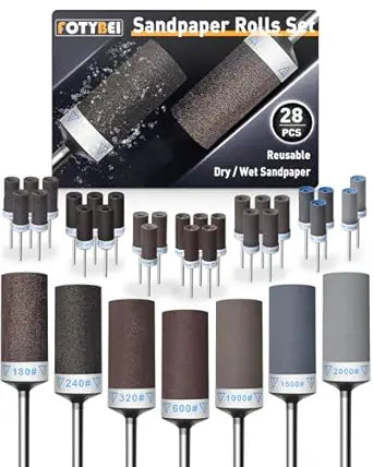 28Pcs Sanding Drums Sandpaper Sticks Set for Dremel Rotary Tool with 1/8" Shank, 180/240/320/600/1000/1500/2000 Grits Different Meet More Needs for Metal Rust Removal/Stone Grinding/Jade Polishing