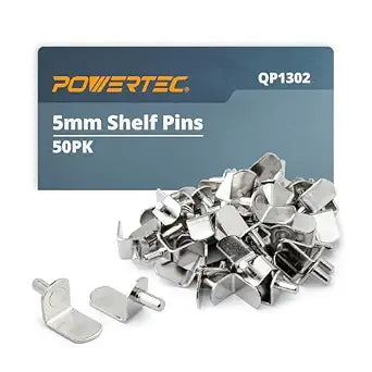 POWERTEC QP1302 5mm Shelf Pegs 50 pcs, L-Shaped Bracket Shelf Pins Support Pegs for Shelves, Kitchen Cabinet Shelf, Bookshelf, Closet and Furniture, Nickel Plated Shelf Holders Pegs
