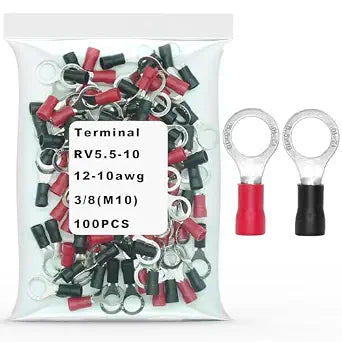 100Pcs 3/8 M10 Ring Terminals,AWG 12-10 Insulated Electrical Crimp Terminals,O-Type Crimp Connector Wire Lugs Battery Cable Terminal Kit(50Red+50Black)