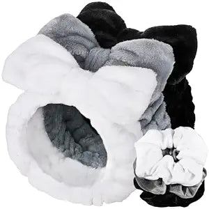 LEOBRO Spa Headband, 6pcs Makeup Headbands and Hair Scrunchies, Bow Skin Care Headband for Washing Face for Teen Girls Women, Easter Basket Valentines Christmas Gift for Girls, Black & White & Gray