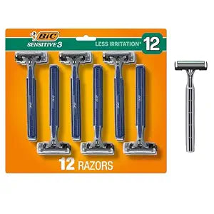 BIC Sensitive 3 Disposable Razors for Men, 3 Blades, 12 Count Shaving Pack