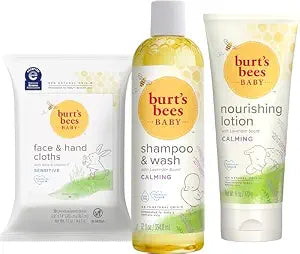 Burt's Bees Baby Gift Set for Baby Showers, Includes Baby Essentials, Shampoo and Wash with Lavender, Body Lotion, Wipes and Cloths, Naturally-Derived Origin Skincare, 3 Count