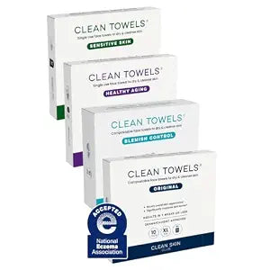 Clean Skin Club Clean Towels® XL Variety 4-Pack Travel Set, Disposable Face Towels, Includes Original, Sensitive, Blemish Control & Healthy Aging, 40 Count Total, 10 Each
