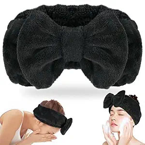 Shintop Spa Headband, Soft Carol Fleece Makeup Headband with Cute Bow Elastic Hairband for Washing Face Skincare Facial Mask Showers（Black）