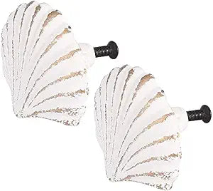2 Pack Seashell Knobs Ocean Cabinet Pull Knobs Beach Ocean Cabinet Drawer Cupboard Pull for Dresser Cupboard Wardrobe Cabinet Kitchen (White)