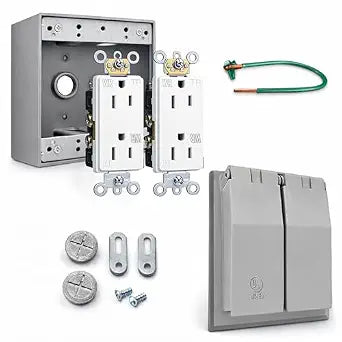 Weatherproof Outdoor Electrical Box Kit  2-Gang Die-Cast Metal Outlet Box, Duplex Outlet, Polycarbonate Cover & Wire Kit for Wet Locations, Patio Lighting, Deck Outlets & Exterior