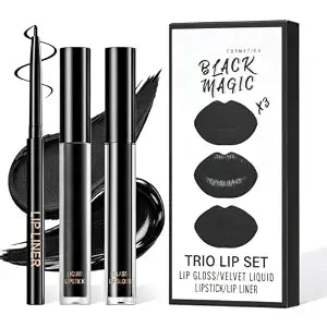 3Pcs Black Matte Lipstick and Black Lip Liner Set for Halloween Goth Makeup