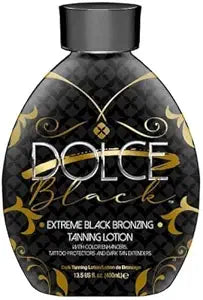 Black Bronzer Tanning Bed Lotion with DHA - Dolce Black Dark Indoor Tanning Lotion with Instant Bronzer for Sunbeds & Outdoor Sun, No Orange, Tattoo Fade Protection, Men & Women, 13.5 fl oz