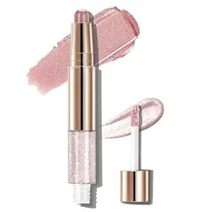 2 Colors Dual-Ended Glitter Eyeshadow Stick, 2 in 1 Cream Metallic Shimmer Eye Shadow Pencil, Crease-Resistant Liquid-to-Powder Matte Eye Shadow & Sparkle Flakes Eye Makeup, 05# Pink Rose Shimmer