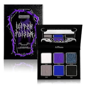 Afflano Goth Eyeshadow Palette Purple Blue, Multichrome Chrome Blue Purple Matte Black White Grey Dark Eye Shade, Gothic Halloween Makeup Eye Shadow Pallet for Joker Clown Cosplay SFX Makeup Costume