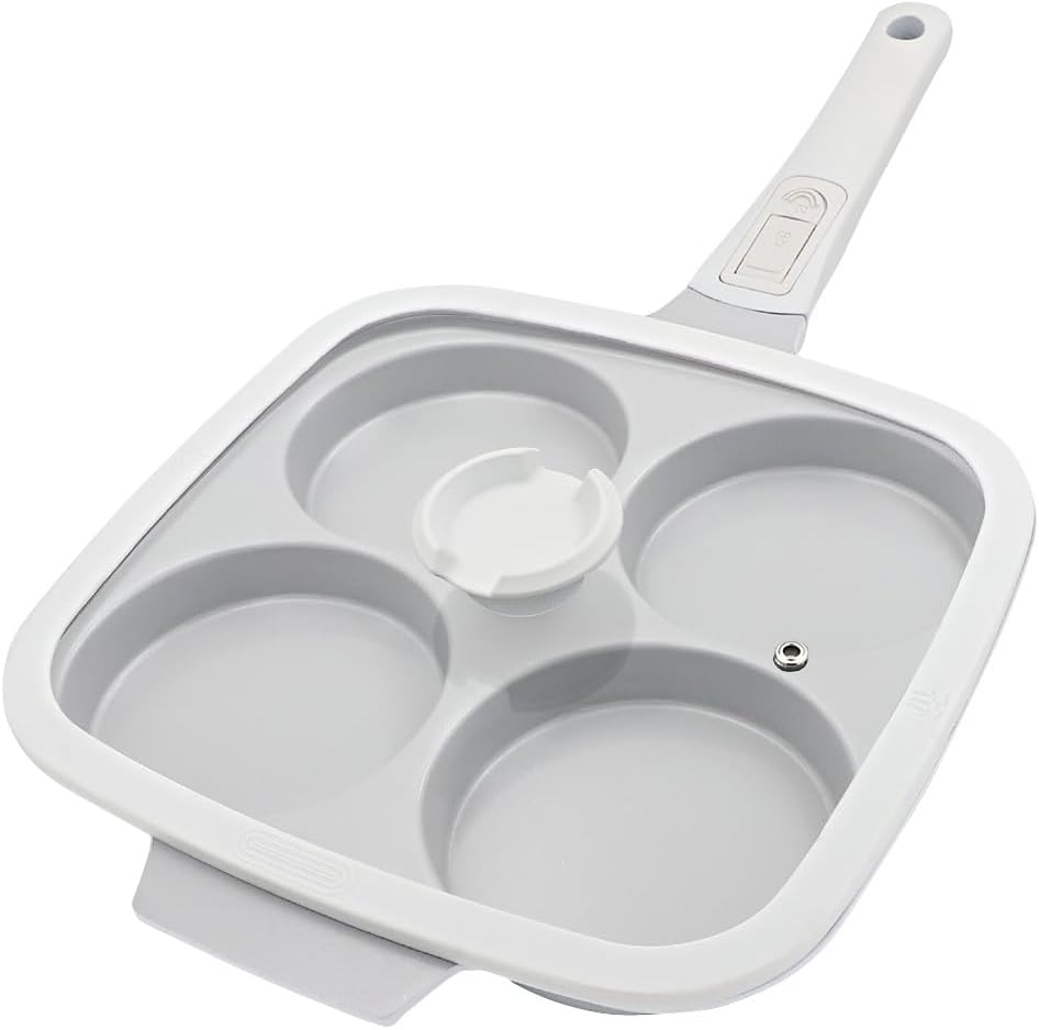 RANX INGST 10 inch Large Egg Pan with Lid, 4-Cup Ceramic Egg Frying Pan Nonstick Omelette Skillet with Detachable Handle Induction Compatible - White