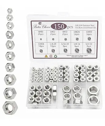 Bates- SAE Hex Nuts Assortment Kit, 10 Sizes, 150 pcs, Stainless Steel, 4#40 6#32 8#32 10#24 10#32 12#24 1/4"-20 5/16"-18 3/8"-16 1/2"-13, Hardware Nuts