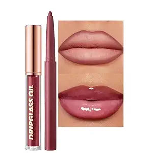 Retro Style Lip Set - Matte Lip Liner + Drip Glass Oil Lip Gloss, Long Lasting Waterproof, Easy Application for Natural or Glam Look, 2-in-1 Lip Makeup Kit for Women (12# dark red)